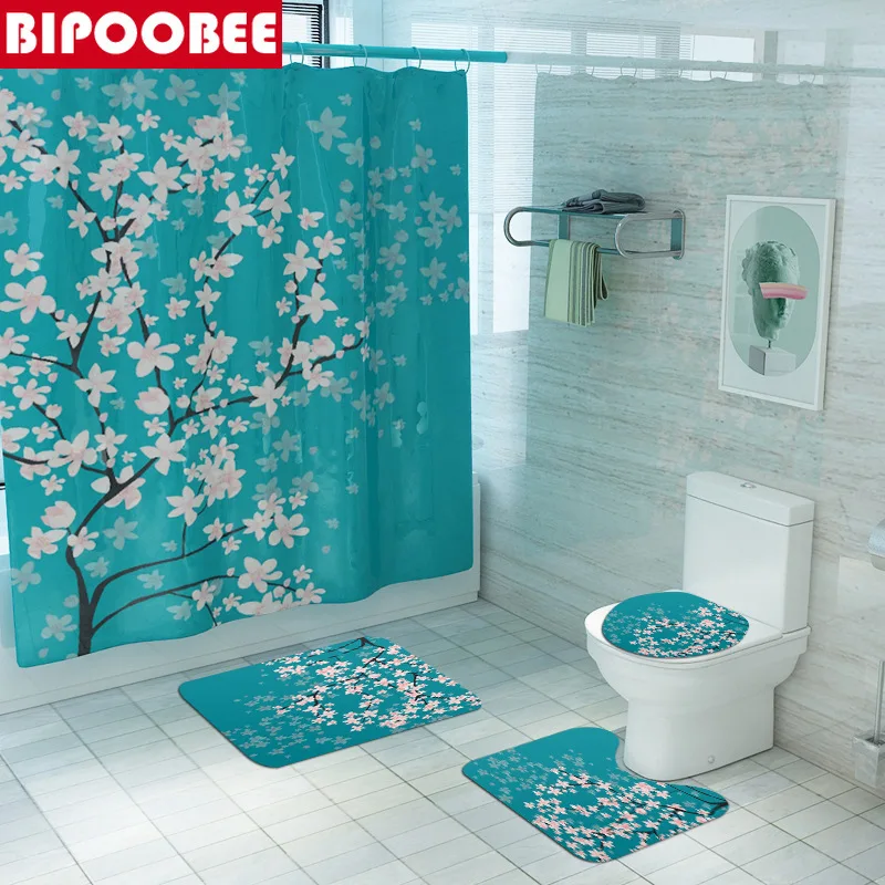 

Cherry Blossoms Print Fabric Shower Curtains Bathroom Curtain Set Flower Anti-skid Rugs Carpet Toilet Lid Cover Bath Mat Sets