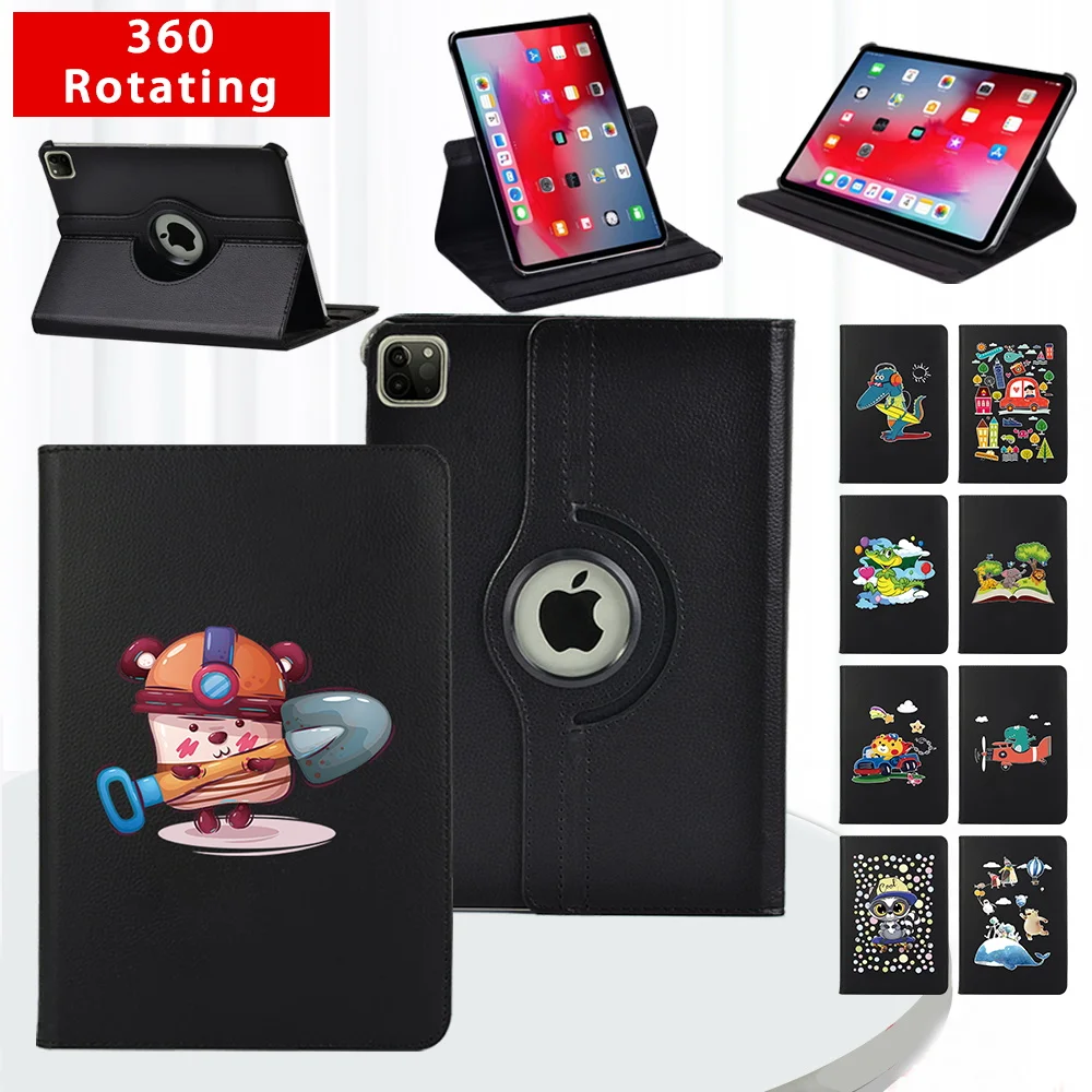 

360 Degree Rotating Tablet Stand Cover Case for Apple Ipad Air 4 10.9"/3 10.5"/1/2 9.7" Cartoon Series Leather Smart Shell + Pen