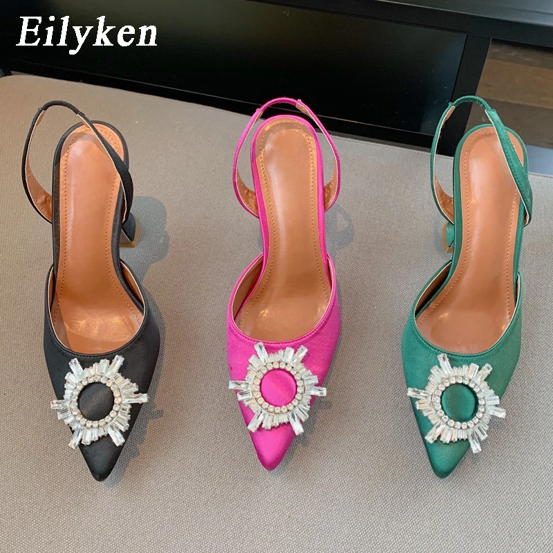 

Eilyken New Elegant Pointed Toe Silk Pumps Sandals High Quality Rhinestone Sun Flower Strange Heel Women Wedding Party Shoes