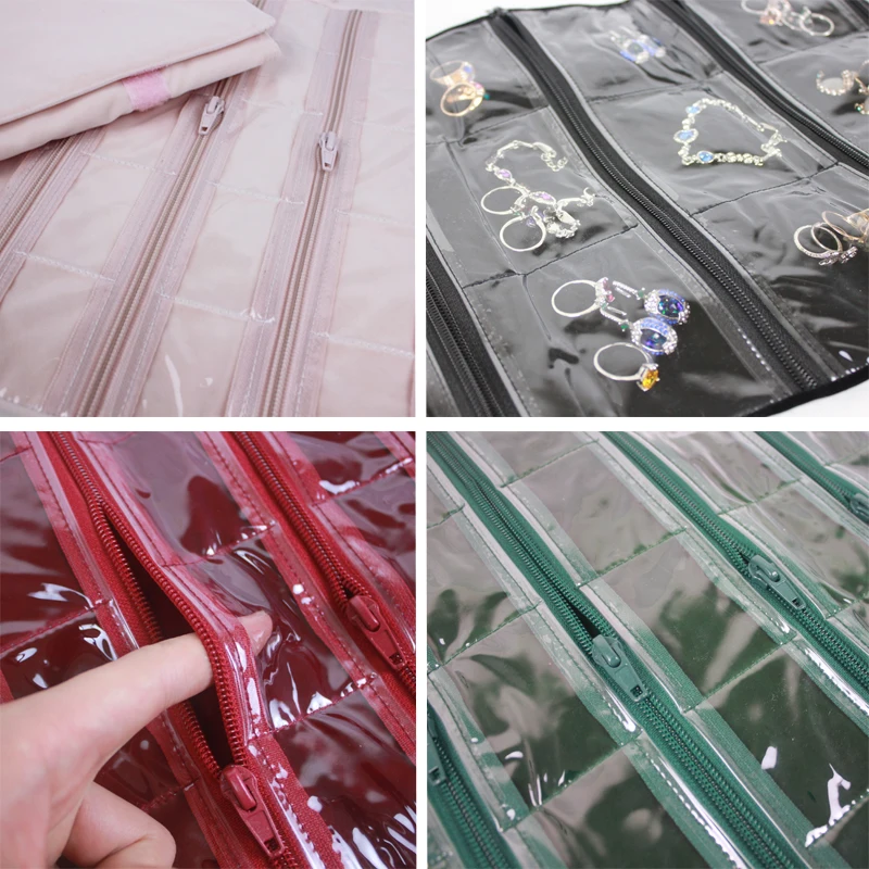 Travel Jewelry Case Roll Bag Organizer for Bracelet Earrings Ring Zipped Grids with PVC Cover Black/Grey/Pink Velvet