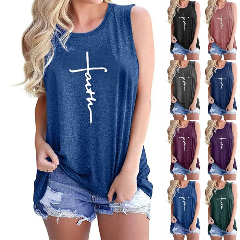 

2022 Summer Women's Vest Faith Letter Print Round Neck Sleeveless Casual Fashion T-shirt