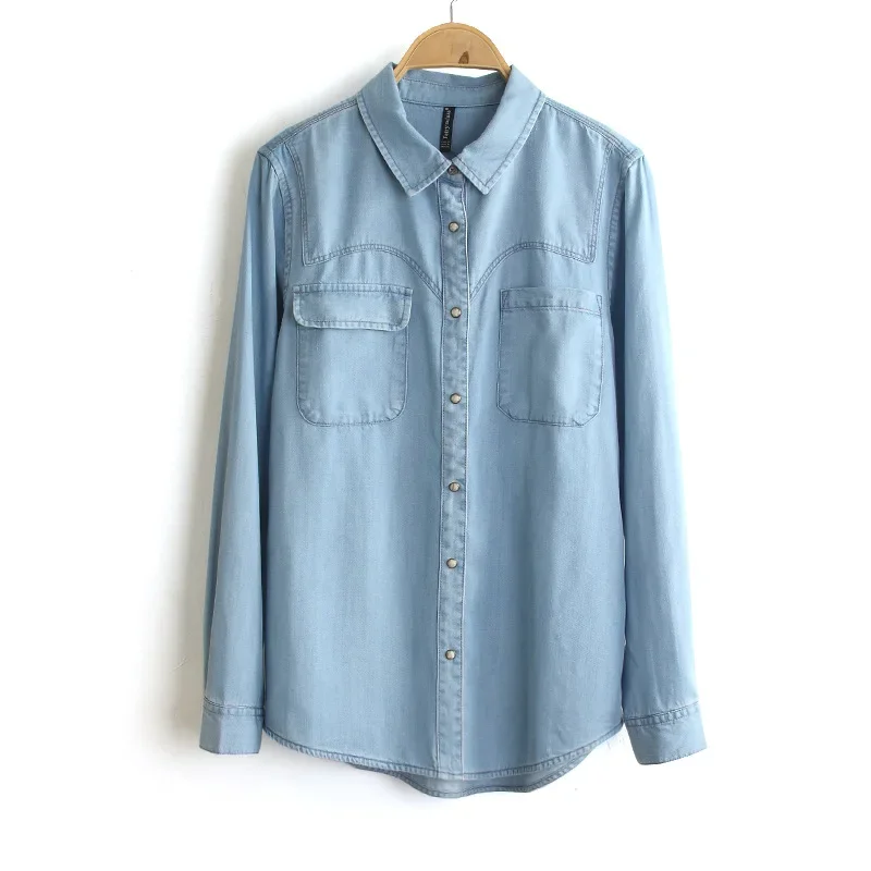 Женская прямая повседневная джинсовая рубашка с асимметричным карманом спереди