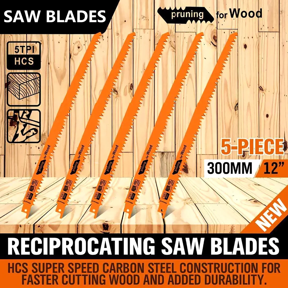 

5Pcs 30cm Reciprocating Saw Blade Set HCS Pruning Saw Blade Sharp Cutting Saw Blades For Wood Plastic PVC Pipe Metal Cutting