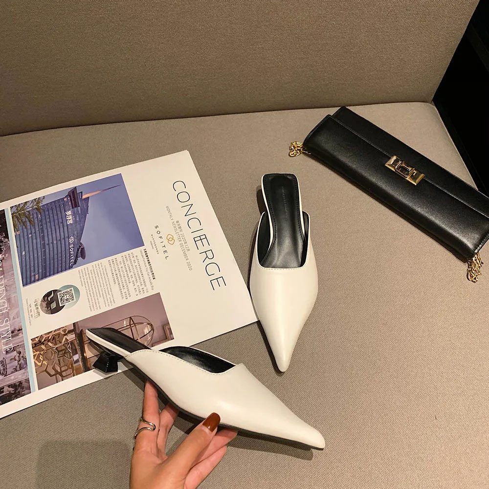 Мюли женские на каблуке мягкие туфли-лодочки с острым носком шлепанцы из