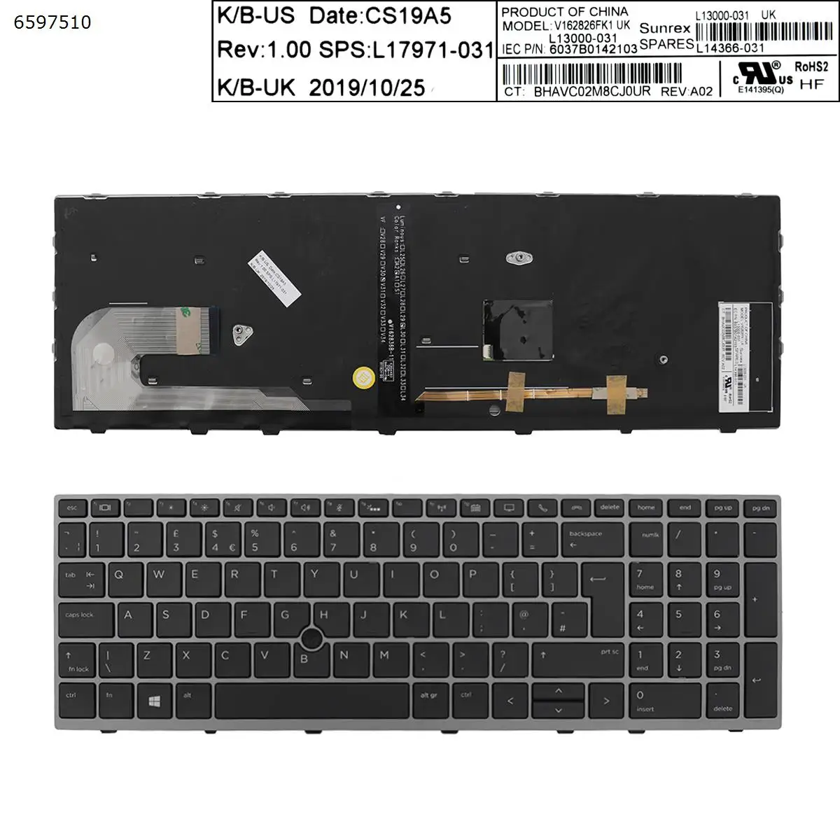 UK Laptop Keyboard for HP EliteBook 850 G5 755 G5 850 G6 15u G5 15u G6 GRAY FRAME BLACK Backlit  with point