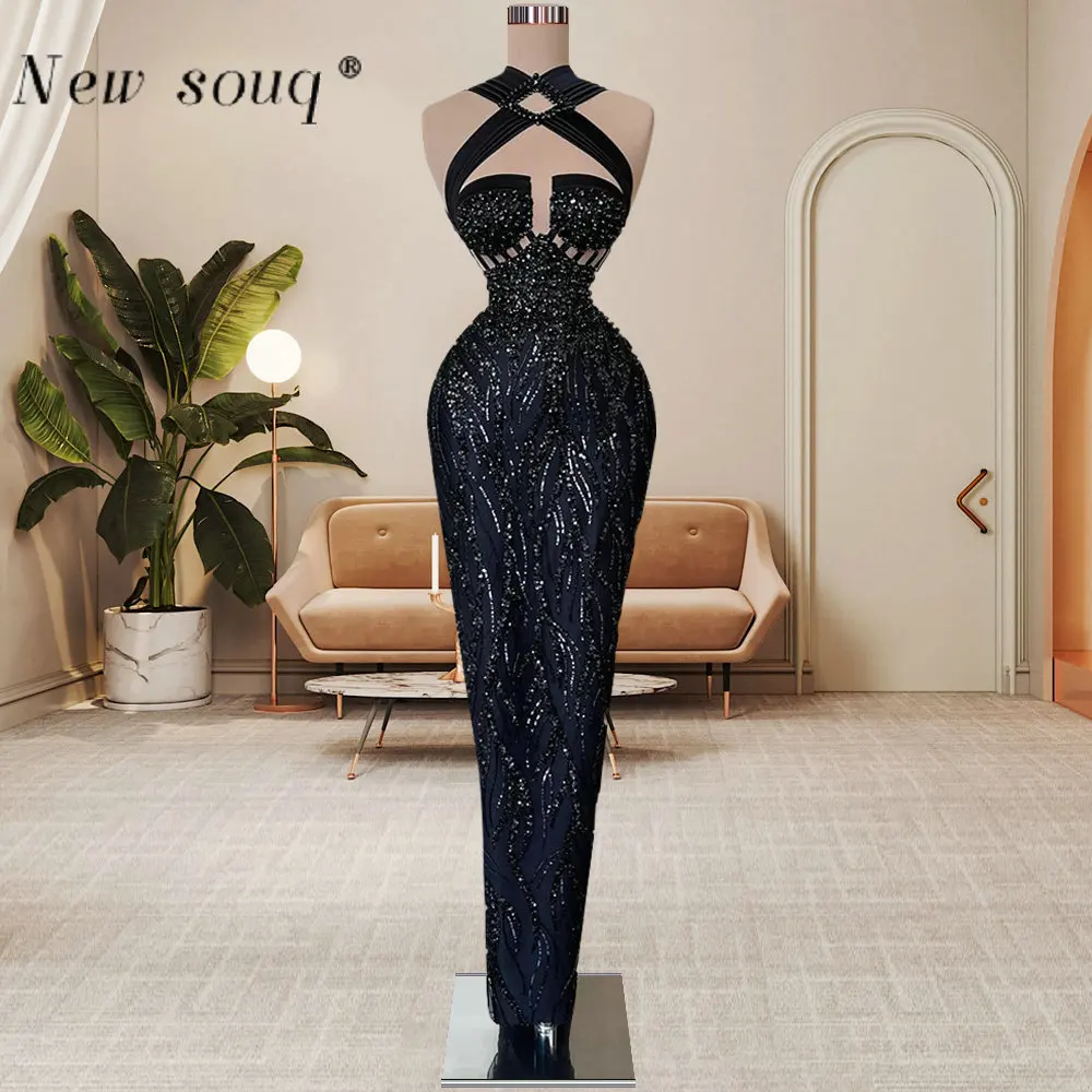 

Sparkle Sequins Long Black Evening Dresses Sleeveless Fashion Halter Neck Wedding Guest Wear Formal Outfits for Women Party Gown