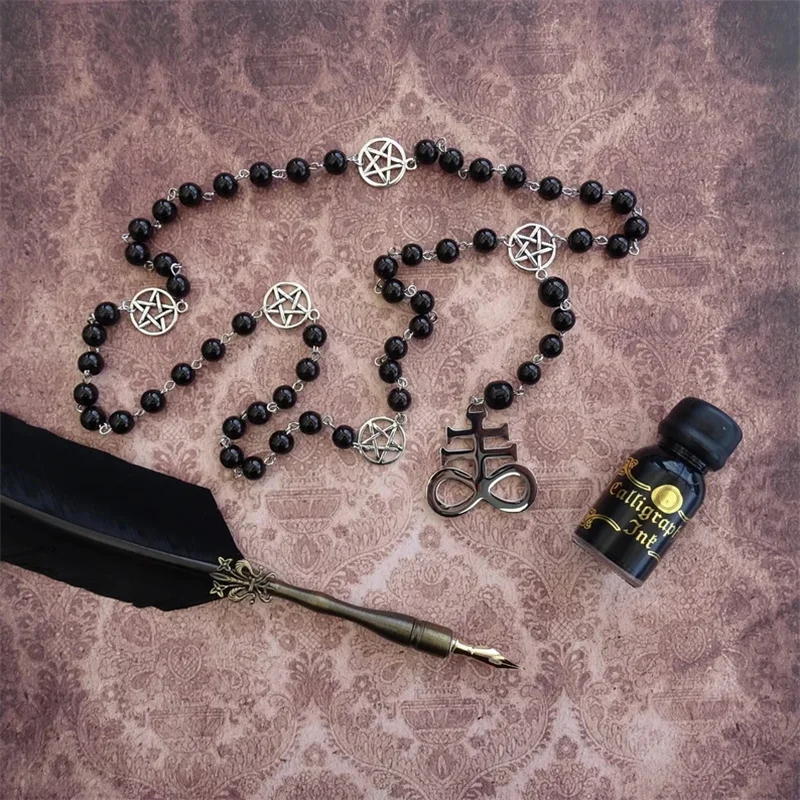 

Personalised Black Rosary Necklace With a Stainless Steel Leviathan Cross and an Inverted Pentagram,Occult Goth Satanic Jewelry