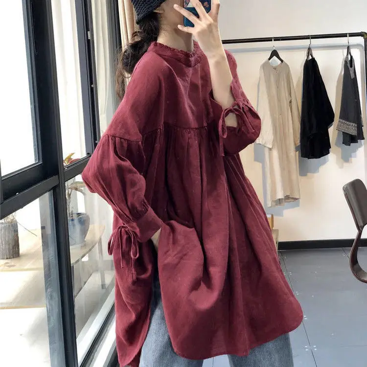 

2022 Cotton Hemp Medium Long Back Lace Up Fresh Shirt Women Sweet Spring Top Women