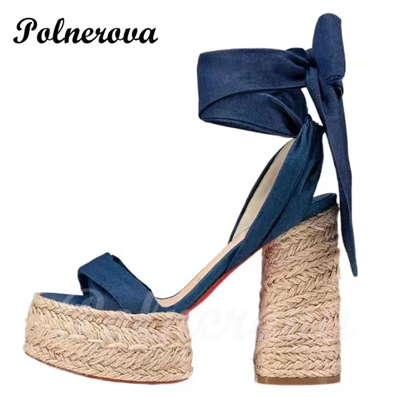 Blue Denim Platform Espadarille Ankle Straps Sandals Riband Slingback Orange Thick Heel Cloth Belt Open Hollow Strap Casual Shoe