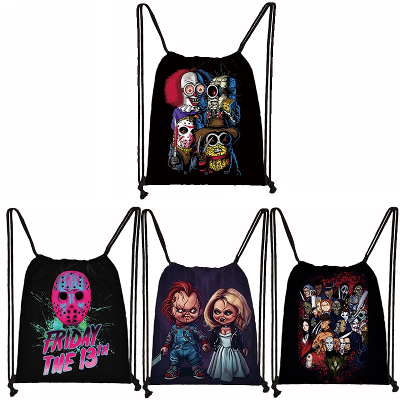 

Classic Horror Movie Pattern Backpack Terrible Characters Jason Vorhees / Chucky Drawstring Bags for Travel Bookbag Shoes Holder