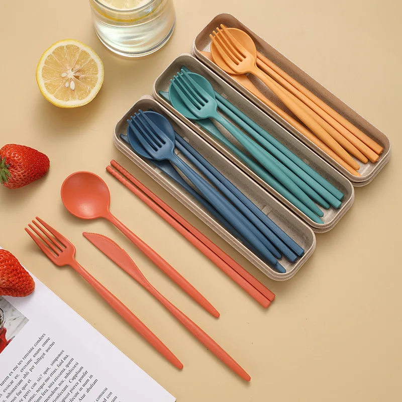 

4pcs/set Spoon Fork Knife Chopstick Cutlery Portable Wheat Straw Cutlery with Case Dinnerware Kit Lunch Tableware Eco-Friendly