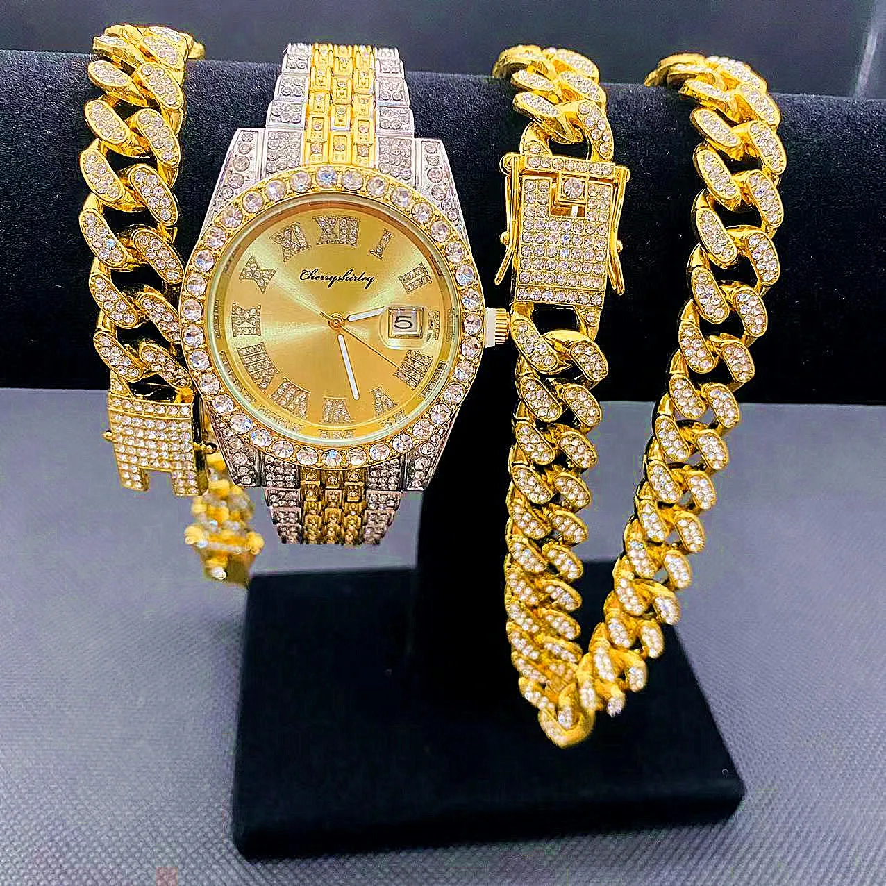 Full Iced Out Watches Mens Cuban Link Chain Bracelet Necklace Couple Bling Jewelry for Men Big Gold Chains Hip Hop Men Watch Set full iced out watch mens cuban link chain bracelet necklace choker bling jewelry for men big gold chains hip hop men watch set
