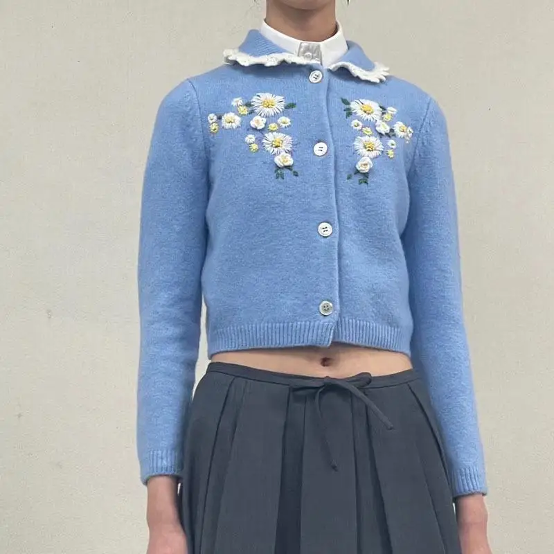 Подиумный шерстяной вязаный синий кардиган с 3D цветочной вышивкой свитер