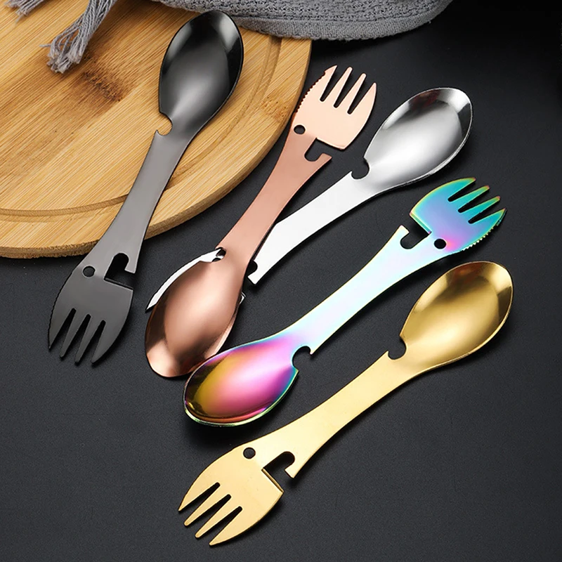 

5 in 1 Camping Fork Spoon Multi-function Stainless Steel Cutlery Spoon Fork Outdoor Cooking Camping Equipment Hiking Cooking