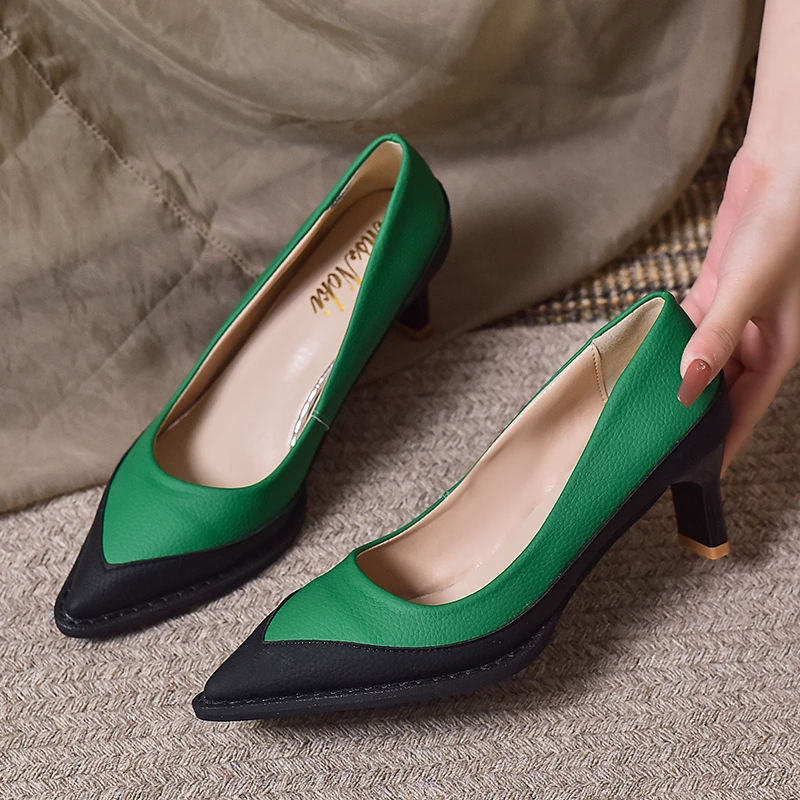 

Brand Women Shoes New Spring Genuine Cow Leather High Heels Pointed Toe Slip on Dress Office Lady Shoes Woman Pumps