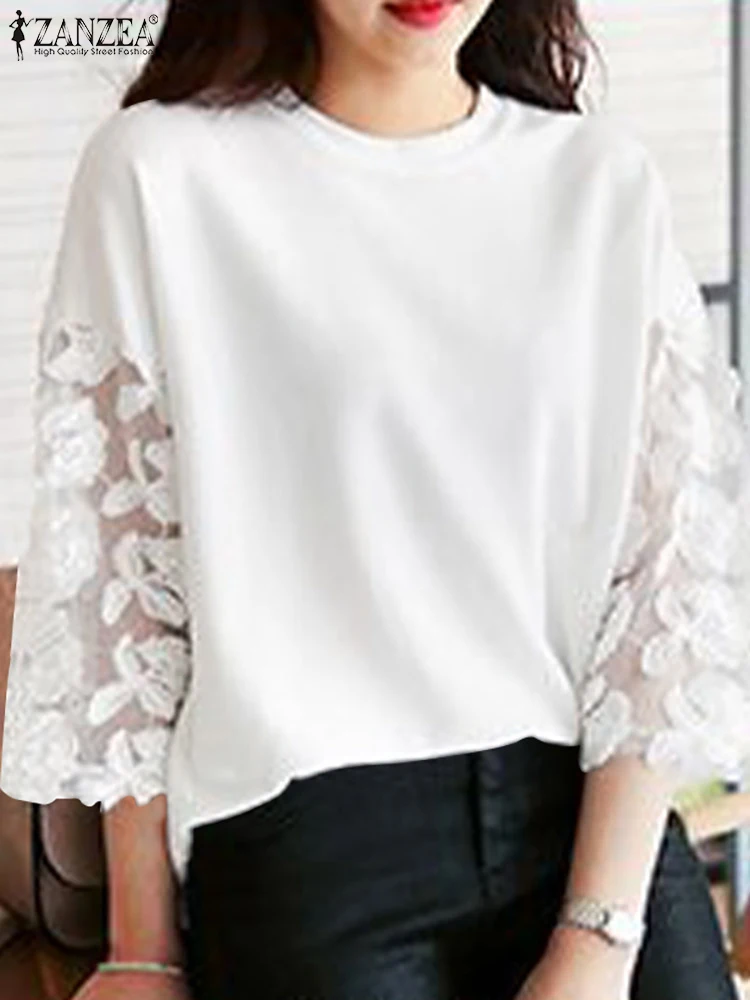 

Блузка ZANZEA в богемном стиле с кружевом и пэчворком, женская рубашка с круглым вырезом и рукавом 3/4, элегантные модные повседневные праздничн...