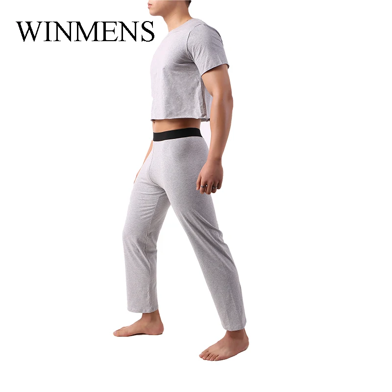 Men's Cotton Pajama Set Youth Midriff-baring Tops+Long Pants Loungewear Male Comfortable Homewear Causual Clothing For Gym