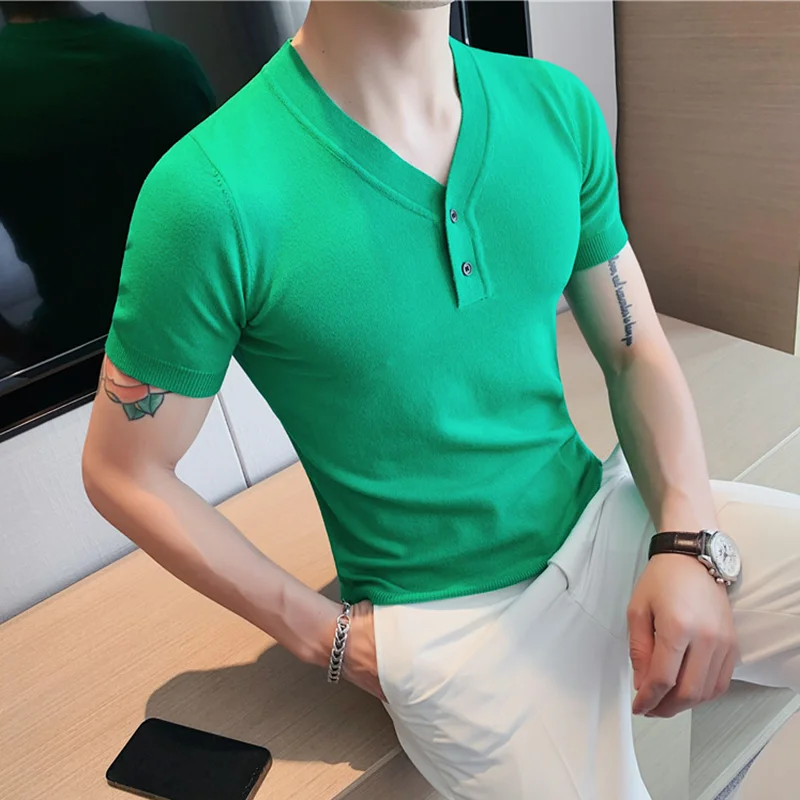 

2022 Summer Fashion New Polo Shirts Solid Color V Neck Short Sleeve Casual Tee Tops Mens Business Slim Fit Social Polos 4XL-M