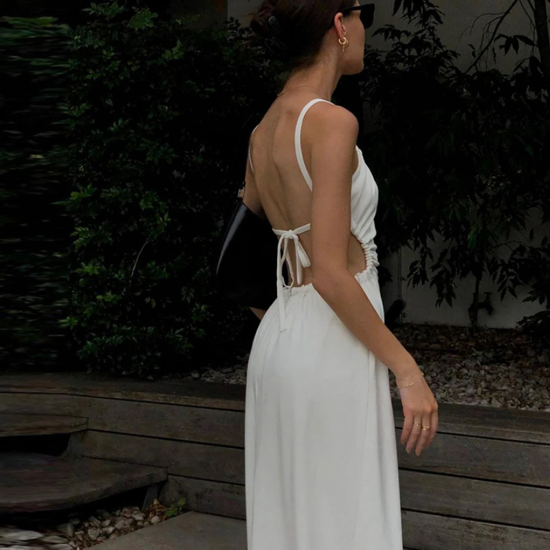 

2022 Fashion Spaghetti Strap White Long Dress midi dress Women Elegant Backless Bandage Dress Sexy Summer Beach bridesmaid dress