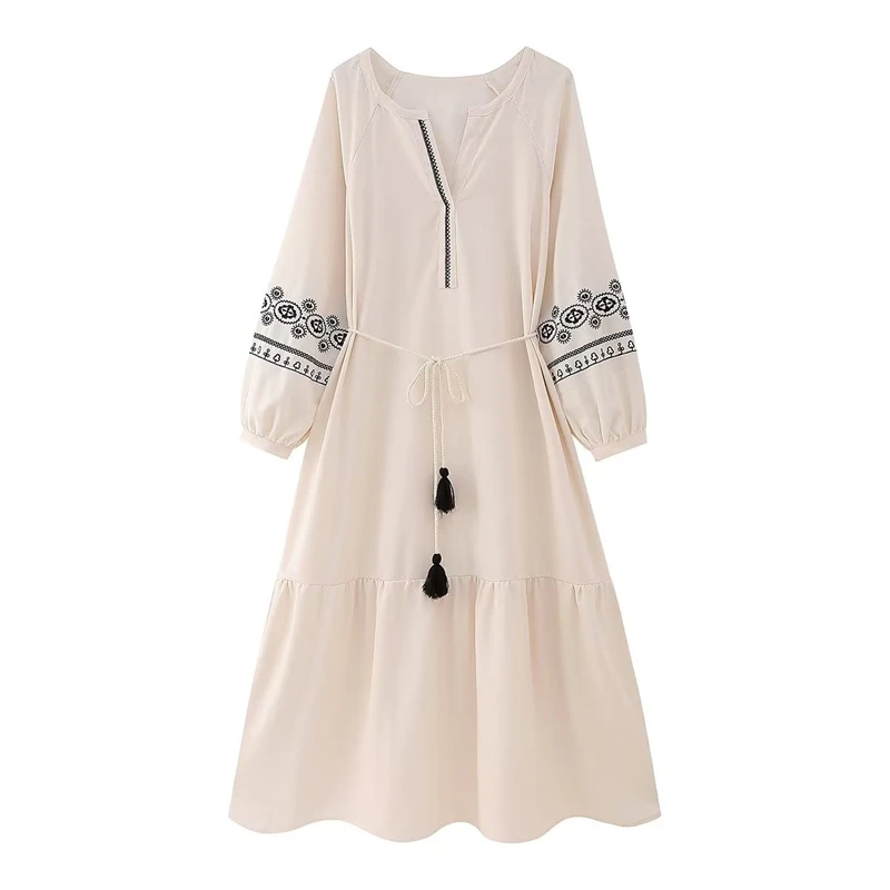 

Женское платье-рубашка с V-образным вырезом, длинная свободная юбка контрастных цветов с длинными рукавами и вышивкой, весна-лето 2023