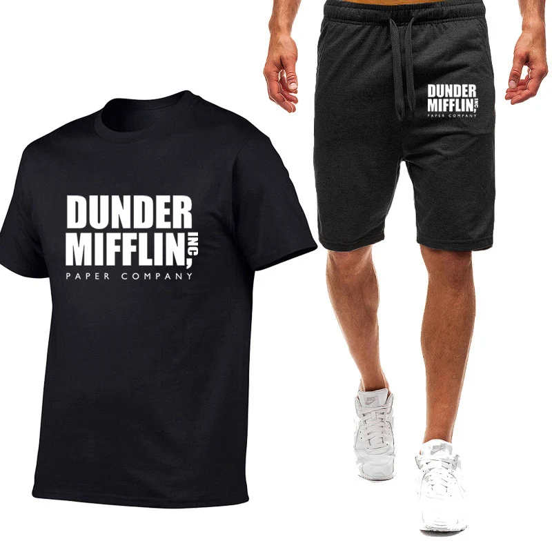 

DUNDER MIFFLIN PAPER INC Office TV Show Printed Summer Fashion New Men's T-shirt + Sports Shorts Set Personality Running Suit