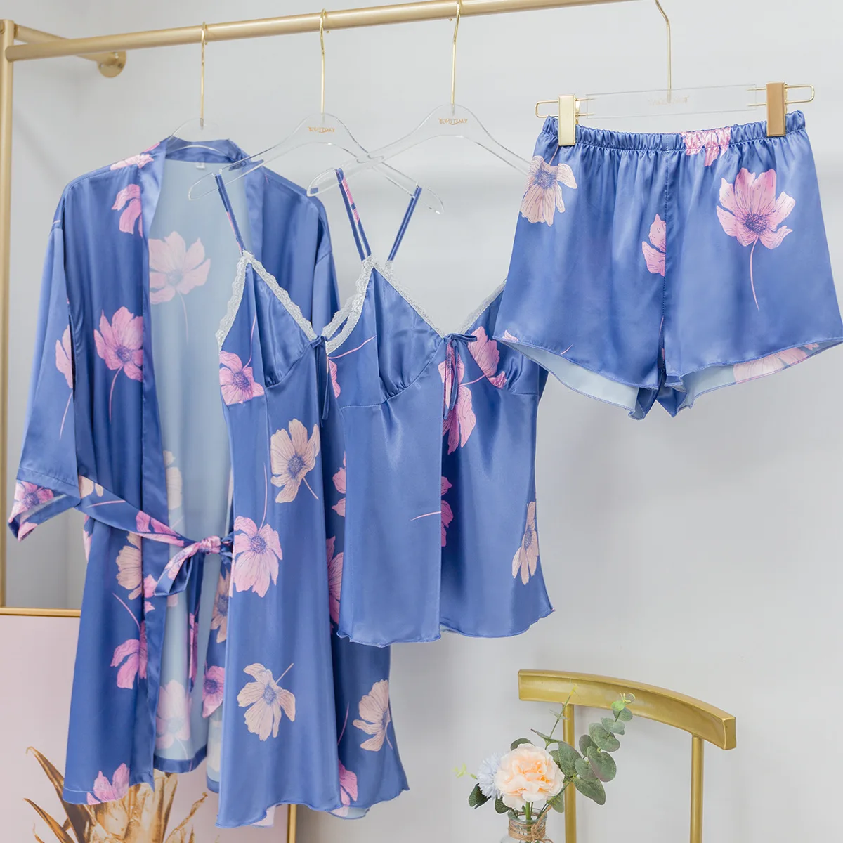 

2022 Summer Floral Print 4PCS Pajamas Suit Women's Sexy V-Neck Robe Gown Intimate Home Clothes Strap Shorts Sleepwear Pijamas