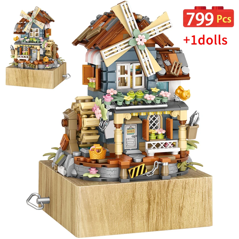 

799 PCS City Farmland Windmill Mini House Music Box Building Blocks Friends Figures Architecture Bricks Toys For Chlidren Gifts
