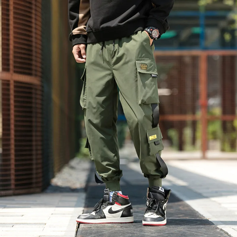 New Joggers Cargo Pants For Men Multi-Pocket Ribbons Man Loose Sweatpants Casual Hip Hop Male Trousers Trendy Streetwear Pants