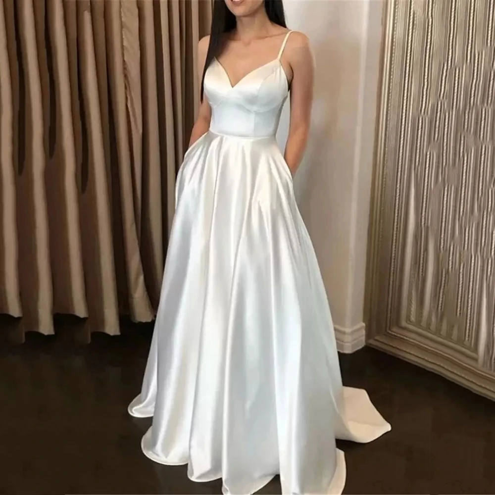

Stain Wedding Dresses with Pockets Spaghetti Strap Sleeveless Bridal Gowns Vestidos De Noiva