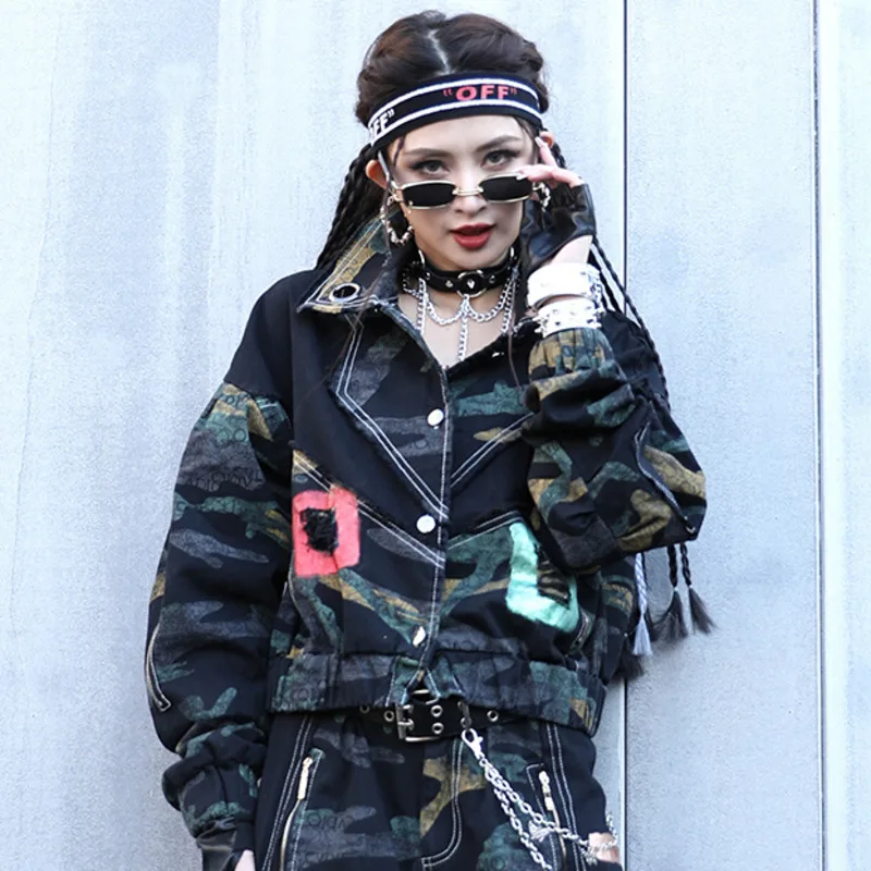 

#2251 Camo Denim Coat In Woman Spring Full Sleeve Loose Jean Jackets Ladies Streetwear Tops Girls Bat Sleeve Sequined Pockets