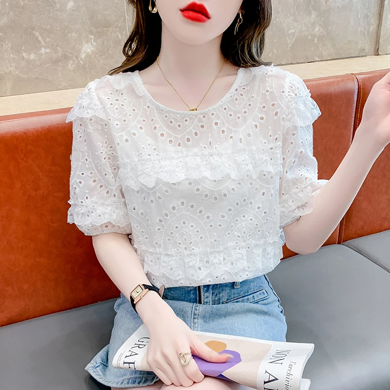 

Summer Women's Short Sleeve Round Neck French Princess Sleeve Solid Lace Hollow Out Shirt Women Tops Blouses Camisas A146