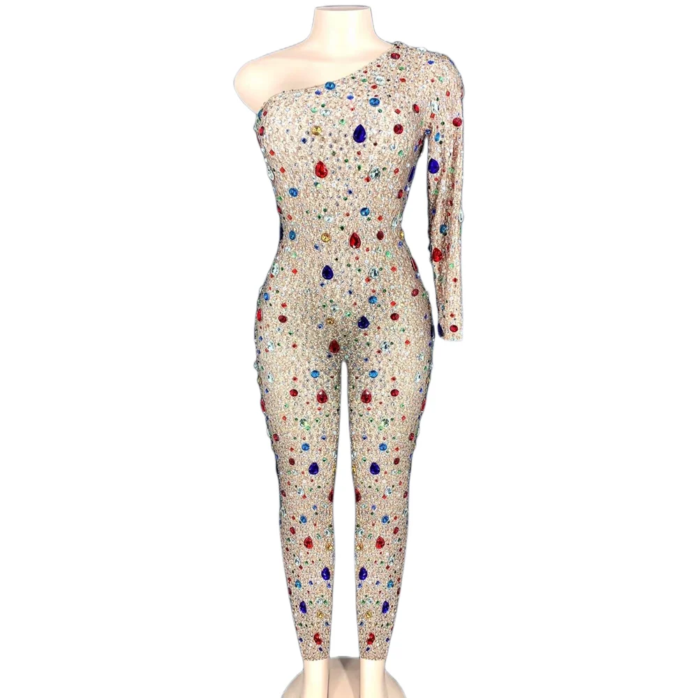 

Black And Nude Shining Rhinestones Crystal Inclined shoulder Dress Jumpsuits For Women Evening Cloth Celebrity Stage Costume