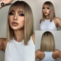 haircube short straight synthetic wigs with bangs for women ombre brown blonde daily use party heat resistant natural wigs