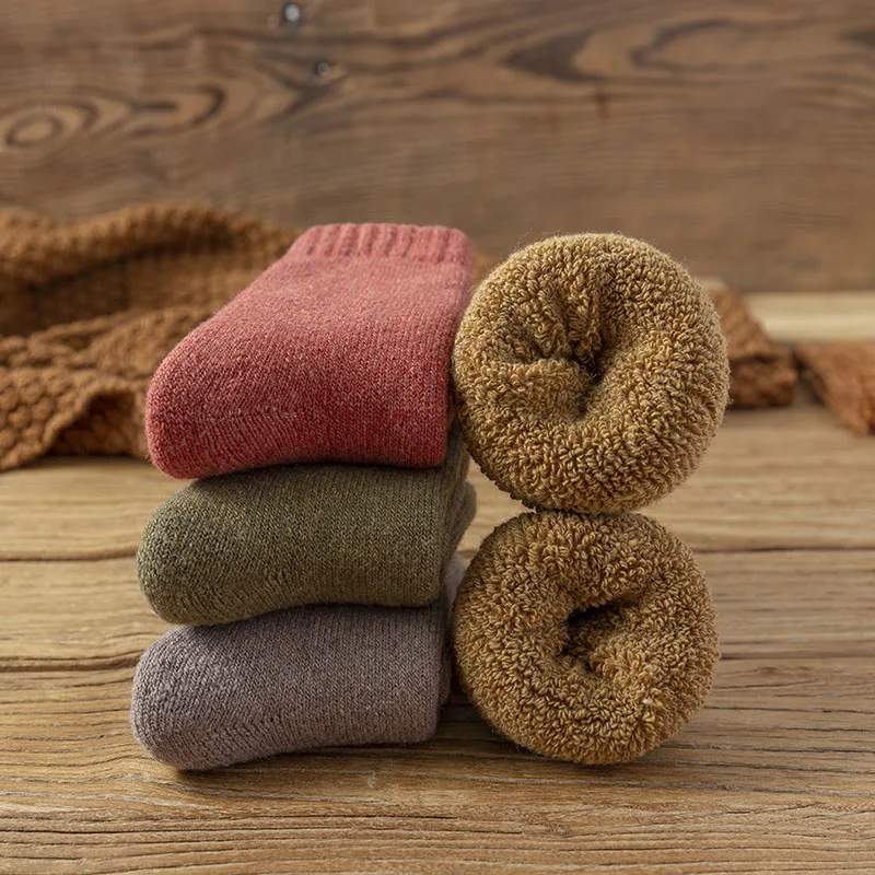 Winter Women's Thick Warm Wool Socks High Quality Harajuku Solid Color Casual Cashmere Socks Cold-resistant Snow Socks 3 Pair