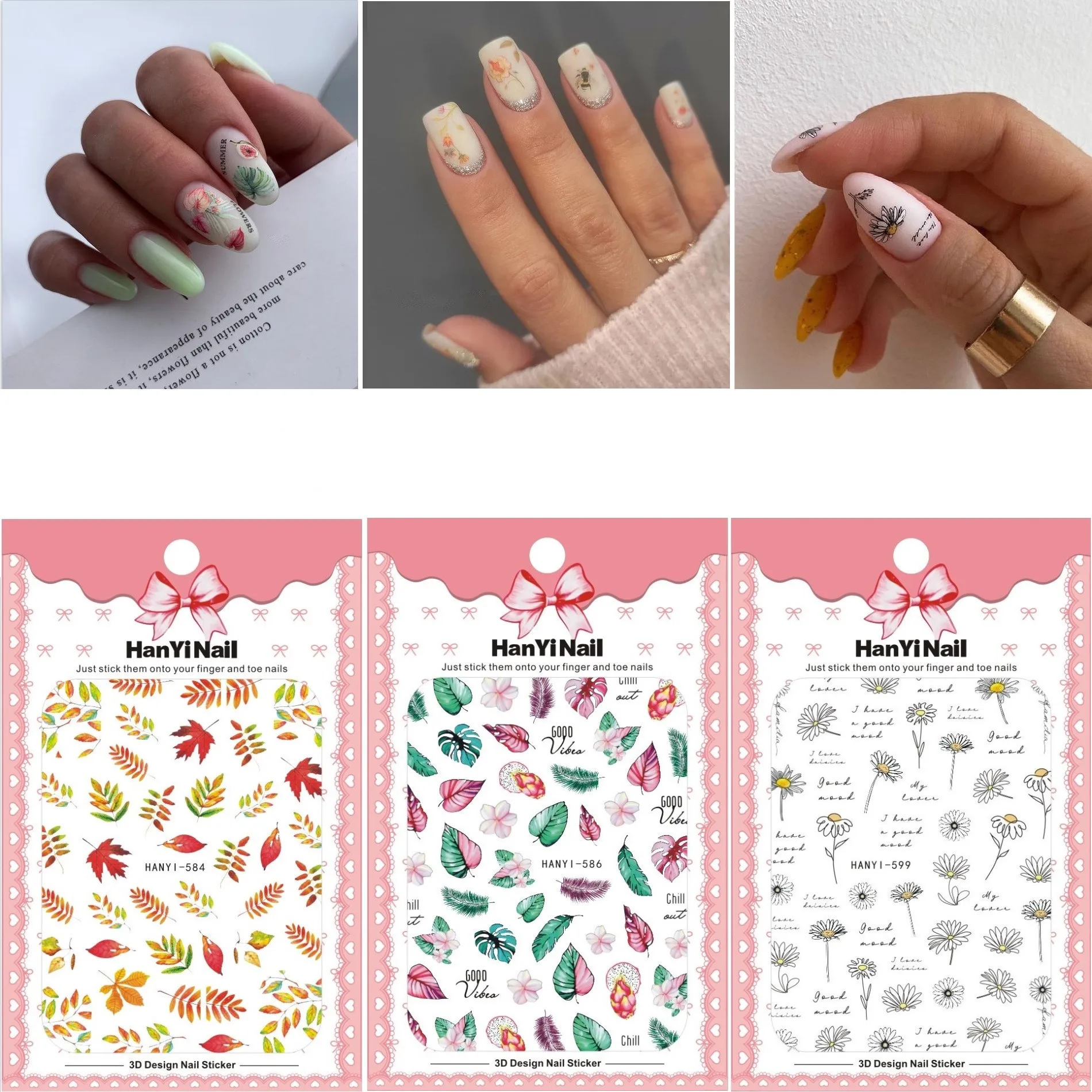 

3pcs/pack Exquisite HANYI 582-607 Nail Stickers Maple Leaf Chrysanthemum 3D Nail Enhancement Sticker With Back Glue ForDIY