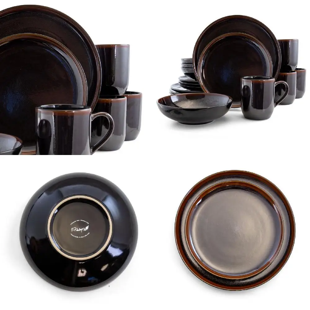 

Club, Table Setting and Entertaining Luxurious Black and Metallic 16 Pieces Perfect Round Stoneware Dinnerware Set for Entertai