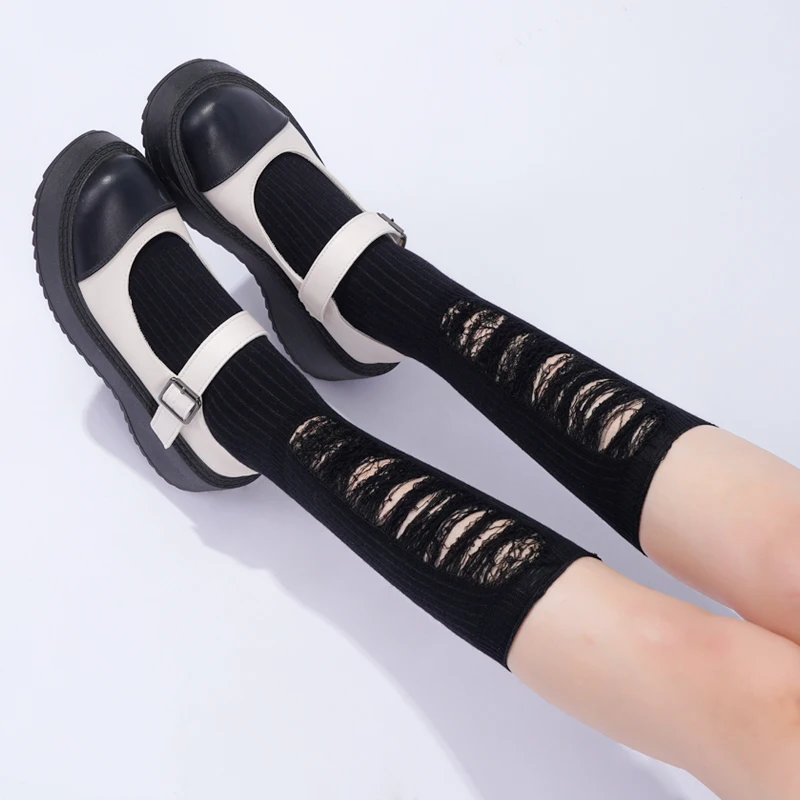 

Knitting Cotton Long Socks Women Stockings Autumn Winter Warm High Stockings Girls Fashion Beggar Hole Solid Calf Socks