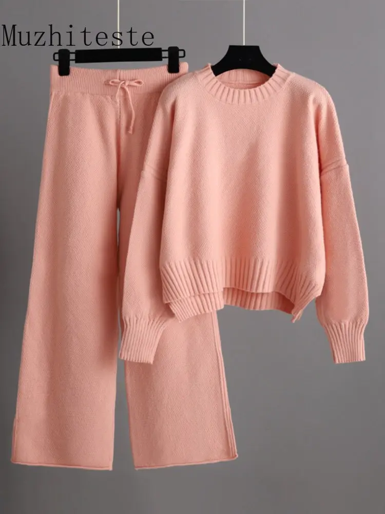 

Autumn Winter New Fashion Casual Knit Set Pants Women's Korean Loose Sweater Wide Leg Pants Two Piece Set Women's Warm Suit