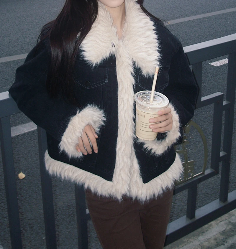 

Female Clothing Fall New in Outwears Fashion Retro Short Design Wool Collar Xontrast Denim Cotton Jackets Warm Winter Coat Women