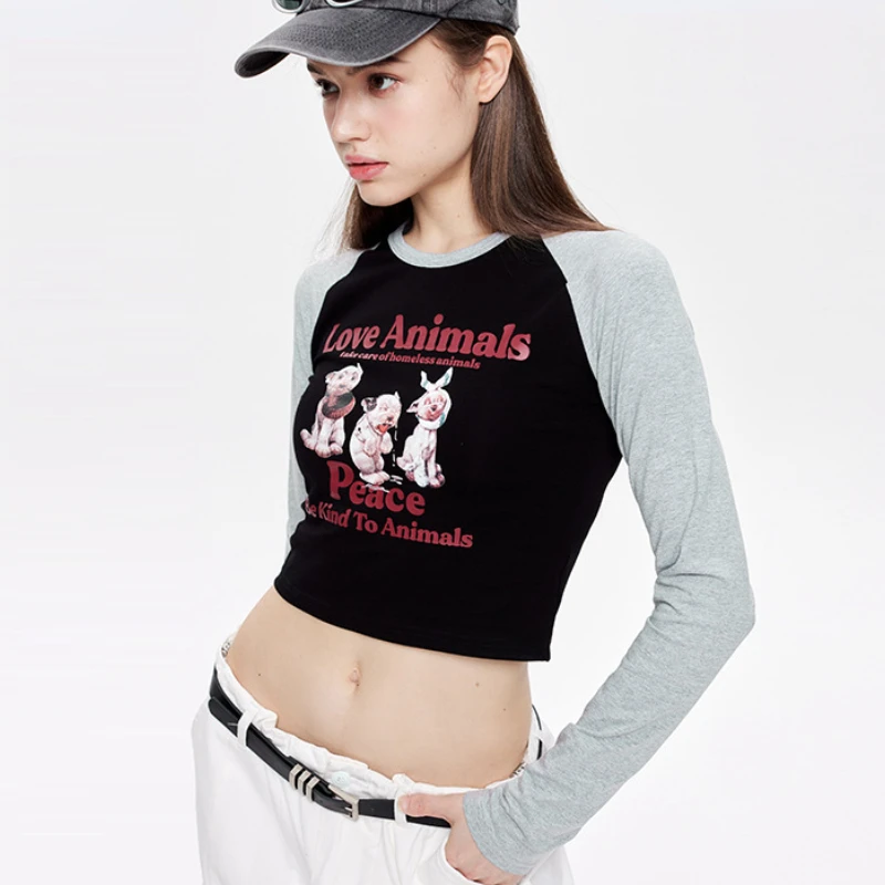 

Y2k Tops Cartoon Dog Print Long Sleeve T-shirt Casual All Match Vintage Slim Graphic T Shirts Autumn Tees Crop Top Clothing New