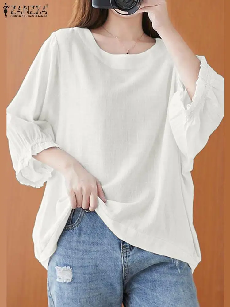 

ZANZEA Women 3/4 Sleeve Blouse Solid Color O-Neck Shirt Femme Vintage Cotton Blouses Oversize Chemise Causal Loose Work Tops