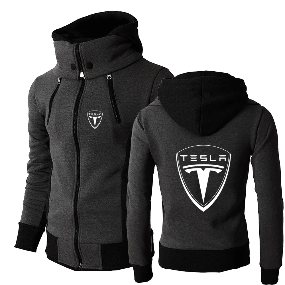 

2023 New Spring Autumn Tesla Car Logo Printed Double Zipper Design Hooded Jacket Man's Fashion Solid Color Hooded Sports Hoodies