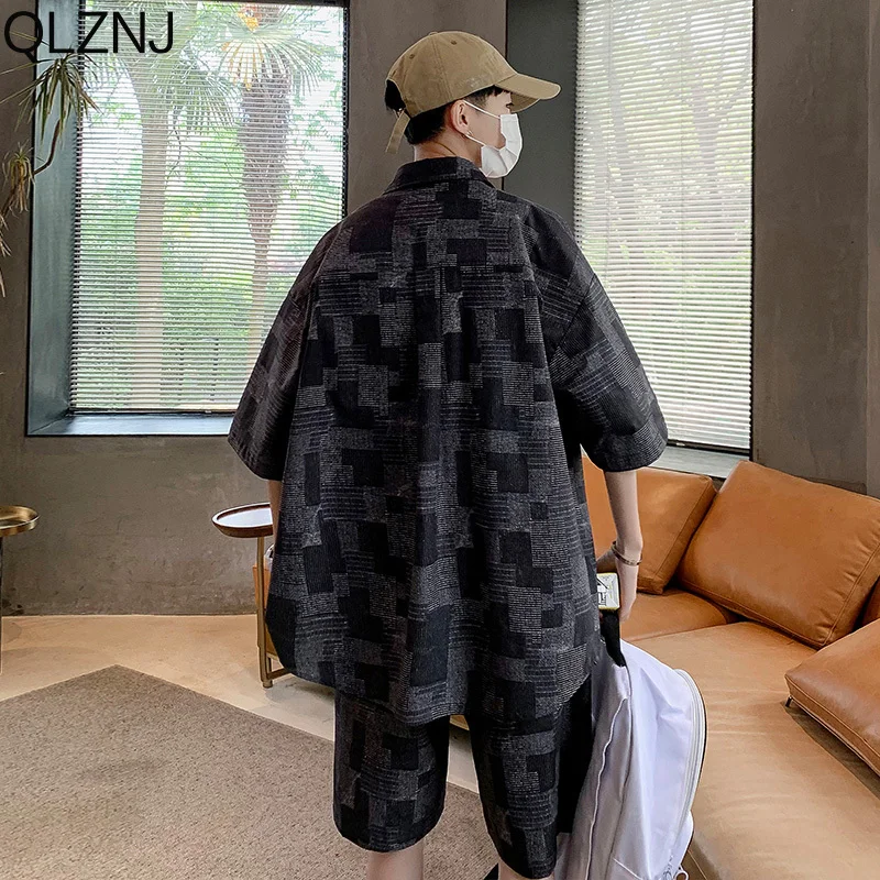2023 Summer 2 Piece Sets Men Clothing Short Sleeve Oversized Shirts Shorts Korean Plaid Casual Hawaii Shirt Suit Y2k Streetwear