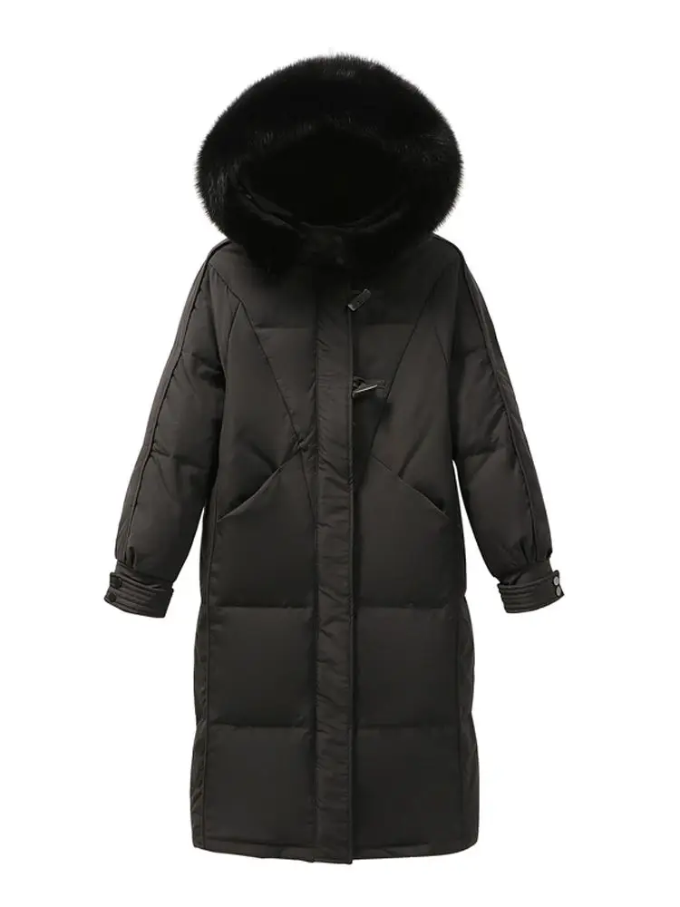 Women Long Down Jacket New Casual Style Fox Fur Collar White Duck Down Jackets Autumn Winter Coats And Parkas Female Outwear