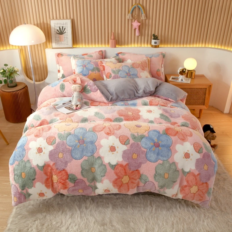 

Winter Flannel Flowers Duvet Cover 220x240 Soft Warm Coral Fleece Blanket Quilt Cover Queen Bed Covers for Bed Double Duvets