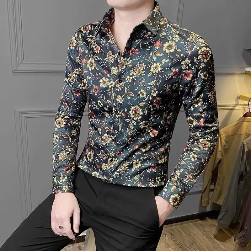 Flower Shirt Male Hong Kong Style Long Sleeve Korean Version Fashion Handsome Print Shirt Vintage Hair Stylist Fashion Top A3409