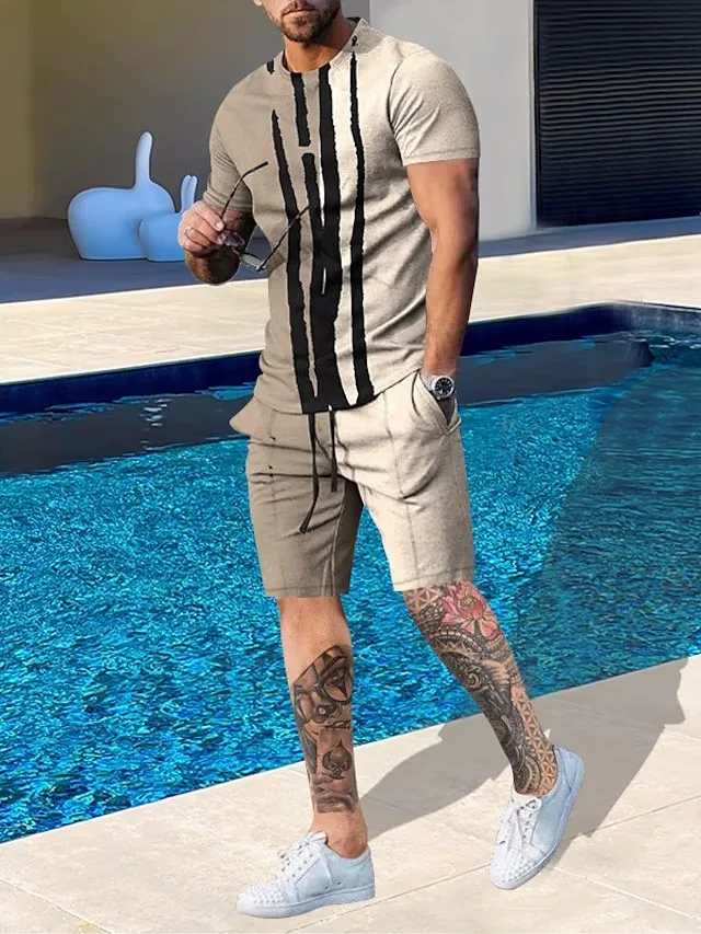 Men Shorts and T Shirt Set Clothing T-Shirt Outfits Graphic Color Block Crew Neck Short Sleeve 2pcs Designer Casual Comfortable