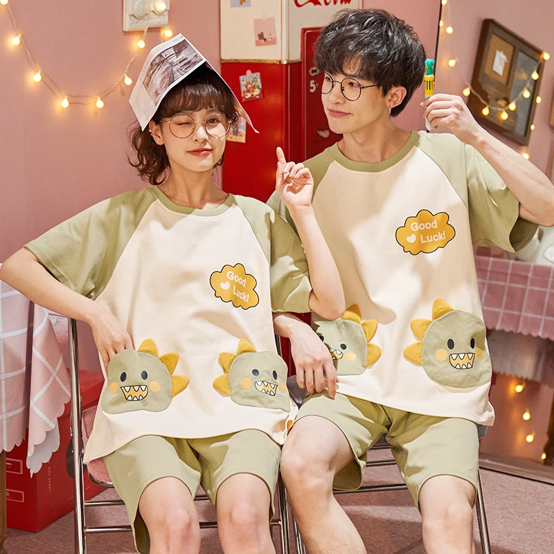 Couple Pajamas Sets Women Pijama Cotton Korean Men Sleepwear Kawaii Cartoon Dinosaur Short Sleeve Lovers Night-Clothes