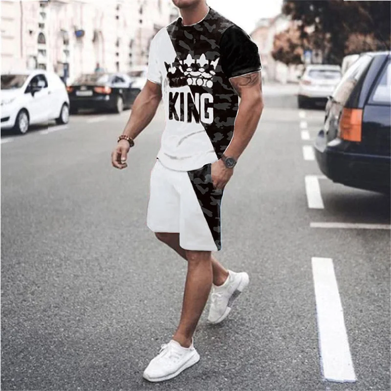 New Summer Men's T Shirt Set 3D King Printing Daily Casual Sportswear Cool Fashion Clothing Oversized Short Sleeve Tracksuit