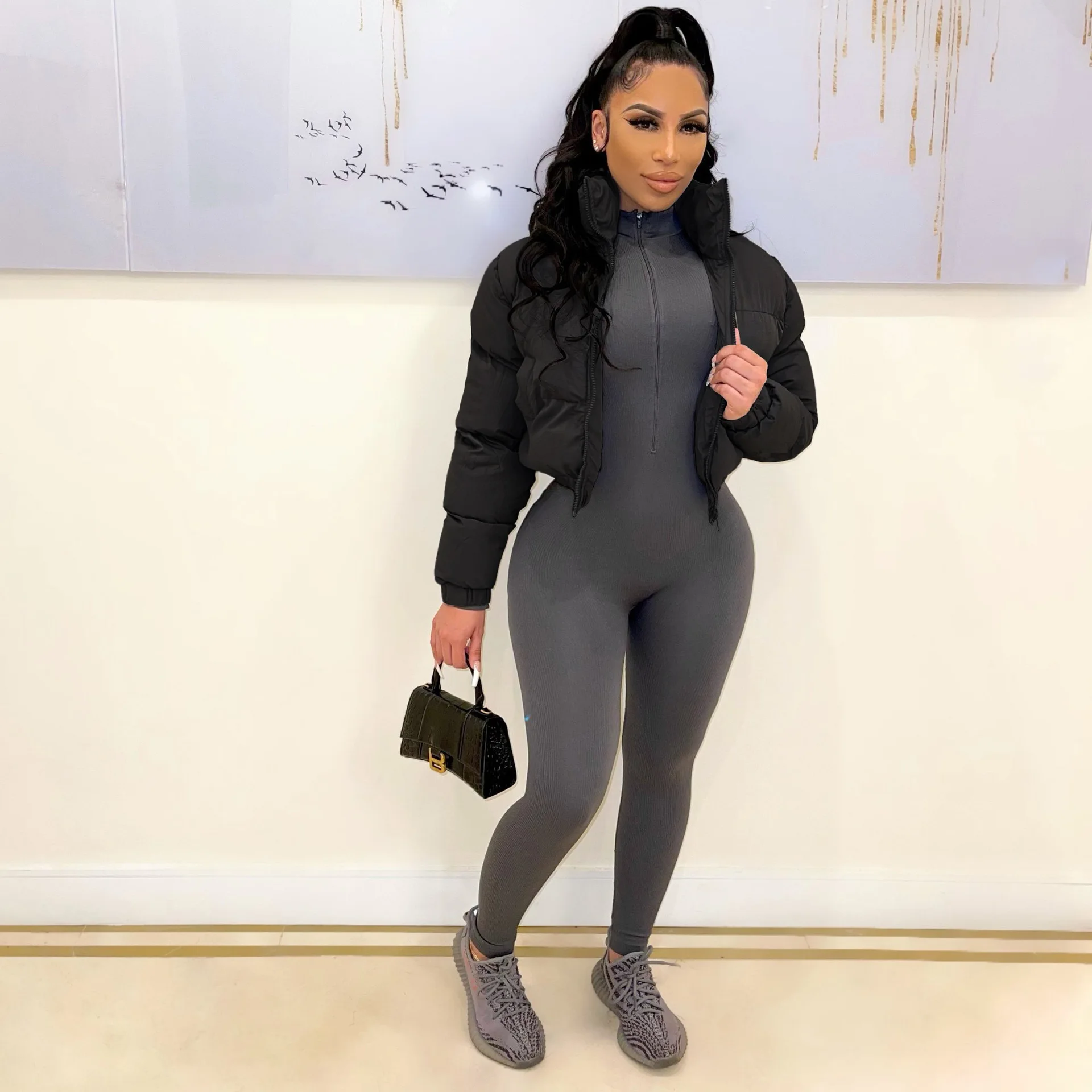 Bubble Puffer Coats Crop Jacket Fur Collar Casual Thick Warm Down Cropped Coat 2022 Women Y2K Clothes Streetwear Letter Jakcets